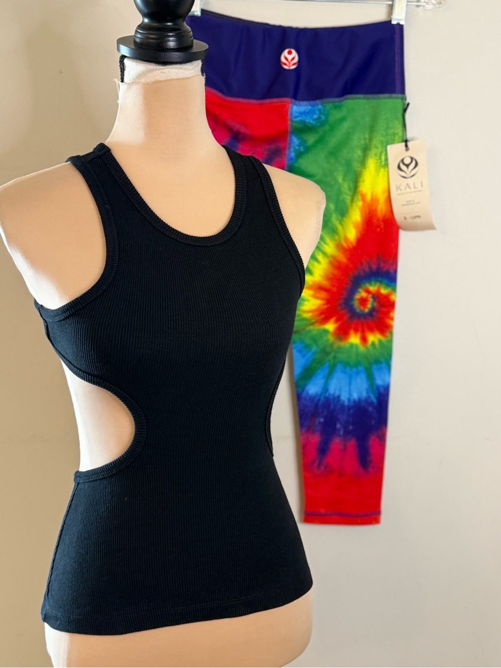 Rainbow psychedelic tie dye crop leggings black cutout tank set SM